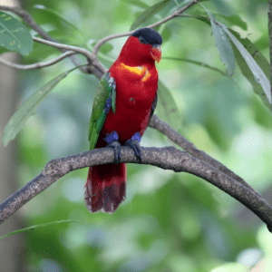 A wild Yellow-bibbed Lory perches on a branch